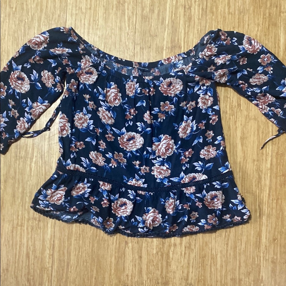 Floral Off-Shoulder Top - Blue and Brown